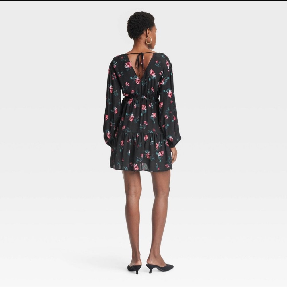 a new day Women's Balloon Long Sleeve Dropped Waist Mini A-Line Dress - Picture 3 of 4
